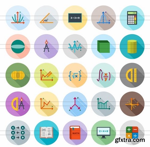 50 Math Symbols Flat Shadowed Icons