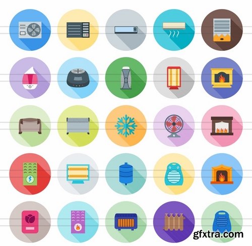 50 Climatic Equipment Flat Shadowed Icons