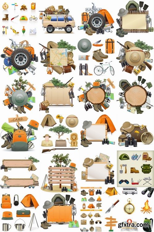 Hunting tourism travel outfit items icon vector image 25 EPS