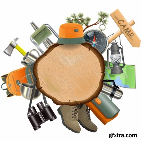 Hunting tourism travel outfit items icon vector image 25 EPS