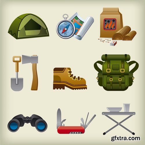 Hunting tourism travel outfit items icon vector image 25 EPS