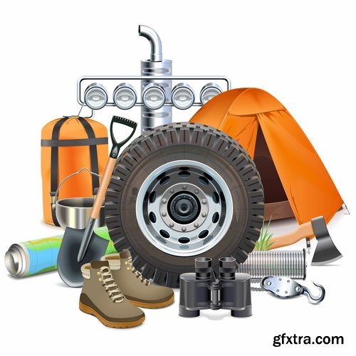 Hunting tourism travel outfit items icon vector image 25 EPS