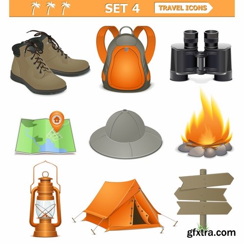 Hunting tourism travel outfit items icon vector image 25 EPS