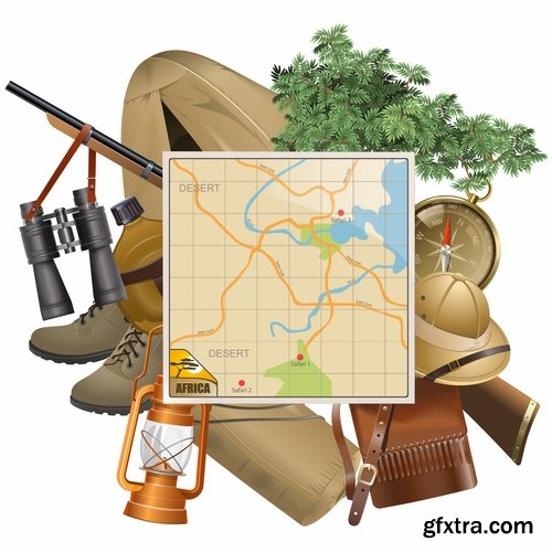 Hunting tourism travel outfit items icon vector image 25 EPS