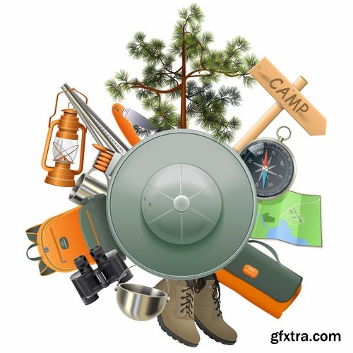 Hunting tourism travel outfit items icon vector image 25 EPS