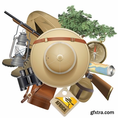 Hunting tourism travel outfit items icon vector image 25 EPS