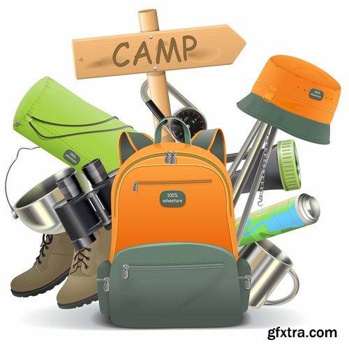 Hunting tourism travel outfit items icon vector image 25 EPS