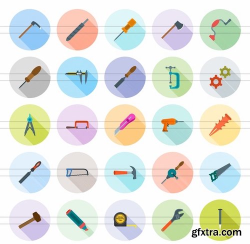 50 Hand Tools Flat Shadowed Icons