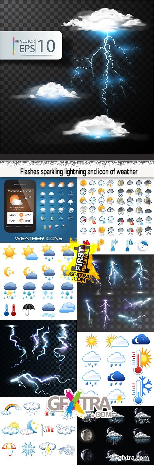 Flashes sparkling lightning and icon of weather