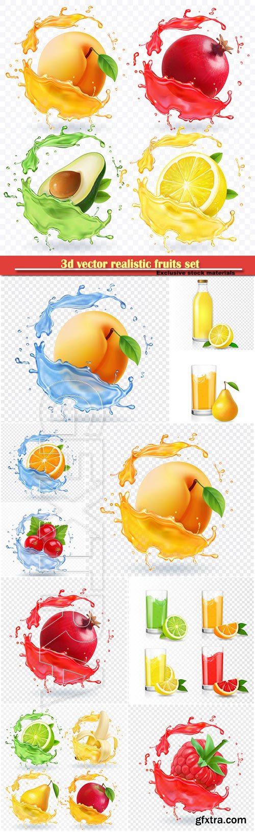 3d vector realistic fruits set, banana, apple, lime, pear juice splashes