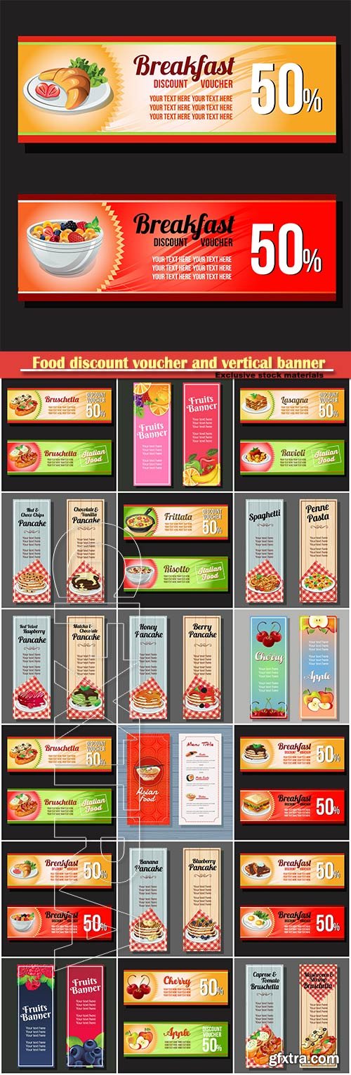 Food discount voucher and vertical vector banner menu