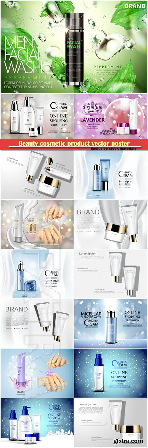 Luxury cosmetic bottle package skin care cream, beauty cosmetic product vector poster