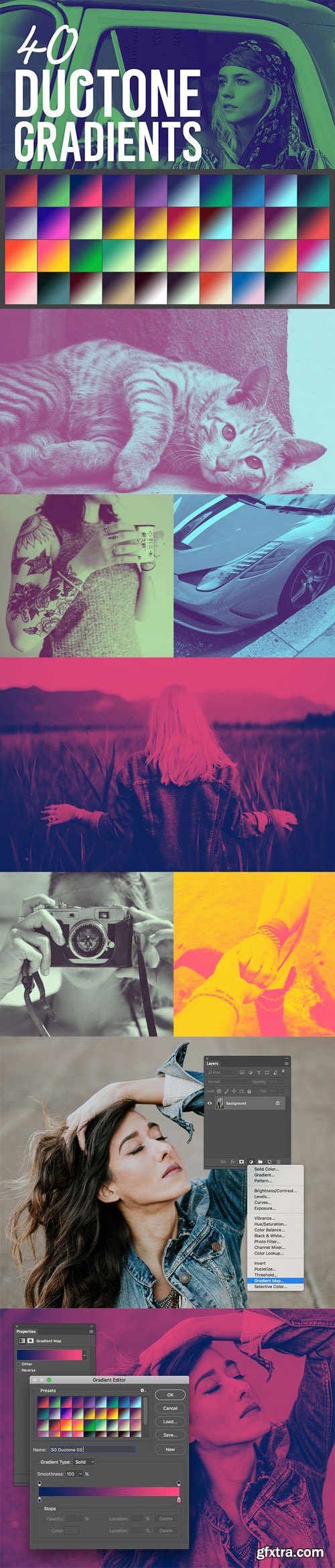 40 Duotone Gradient Presets for Photoshop (GRD)