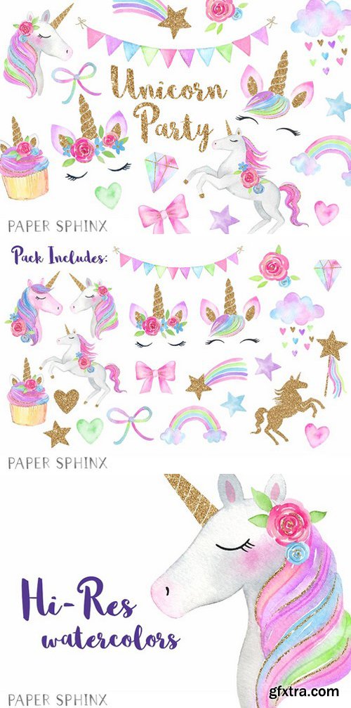 CM - Watercolor Unicorn Party Clipart 2204998