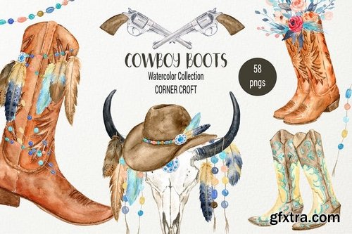 Watercolor Cowboy Boots And Accessory collection