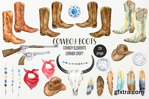 Watercolor Cowboy Boots And Accessory collection