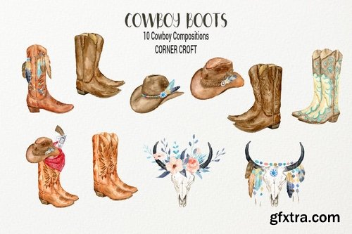 Watercolor Cowboy Boots And Accessory collection