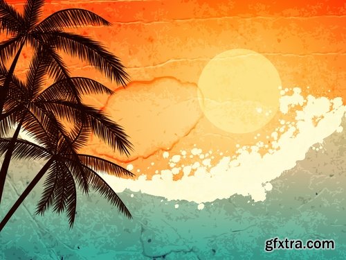 Tropical palm island ocean sunrise sunset tourism travel banner flyer 25 EPS