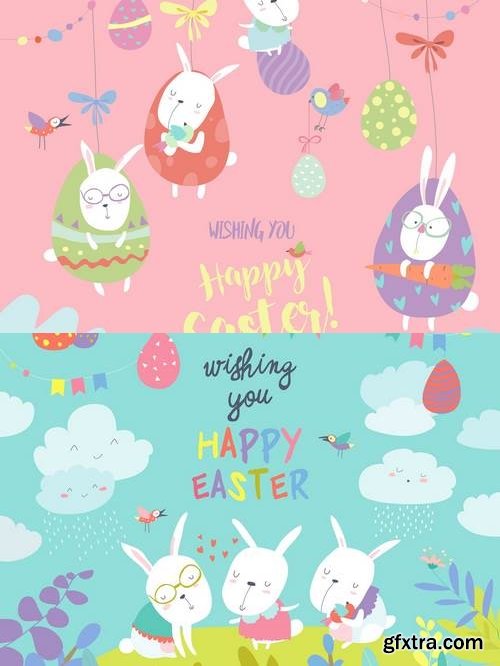 Easter bunnies and easter egg. Vector illustration