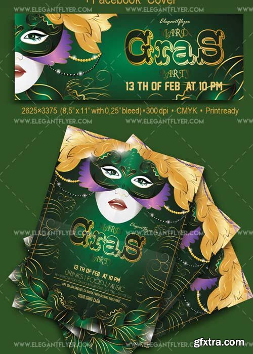 Mardi Gras V17 2018 Flyer PSD Template + Facebook Cover