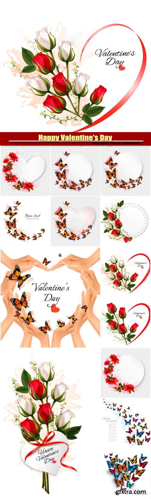 Happy Valentine\'s Day vector hearts with butterflies and flowers