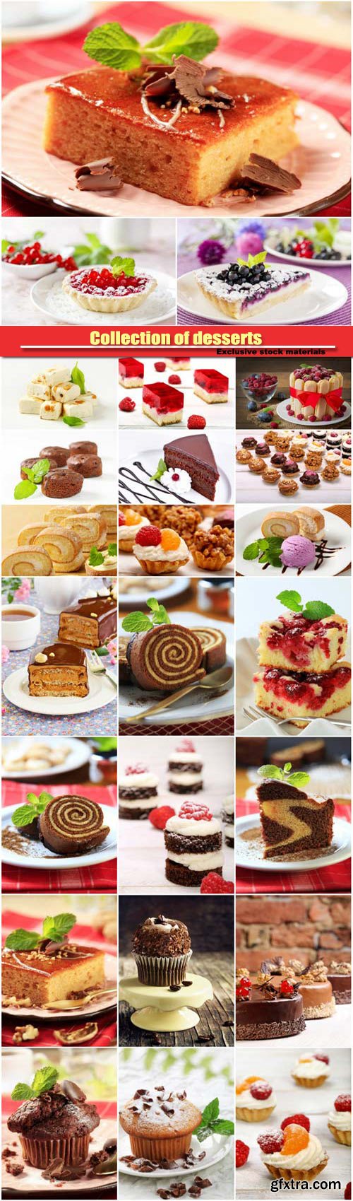 Collection of desserts, cakes and ice cream