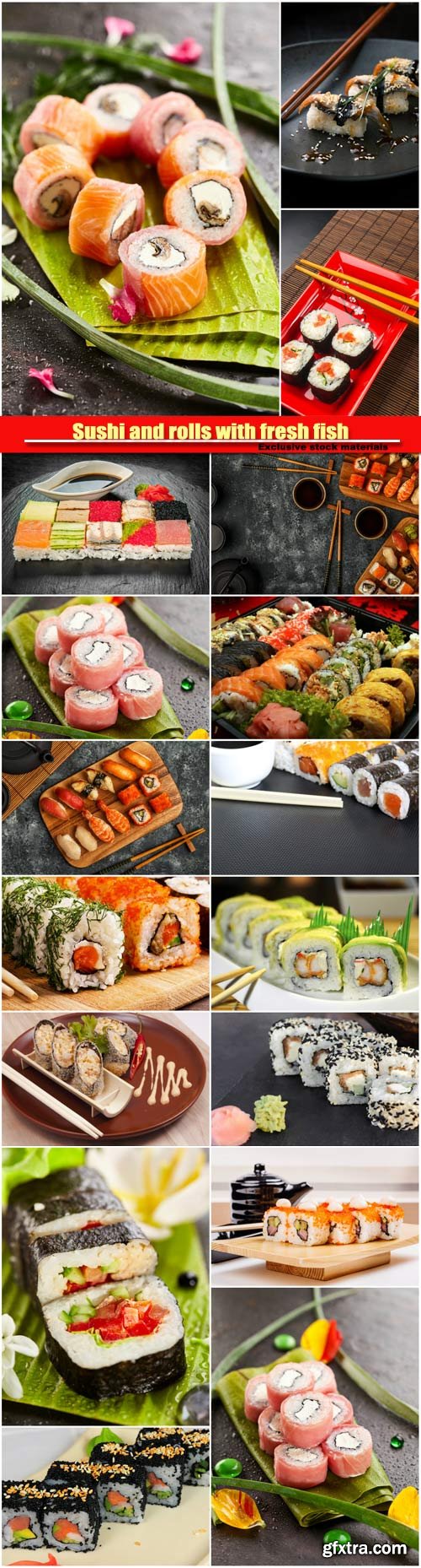 Sushi and rolls with fresh fish, cuisine with fresh seafood