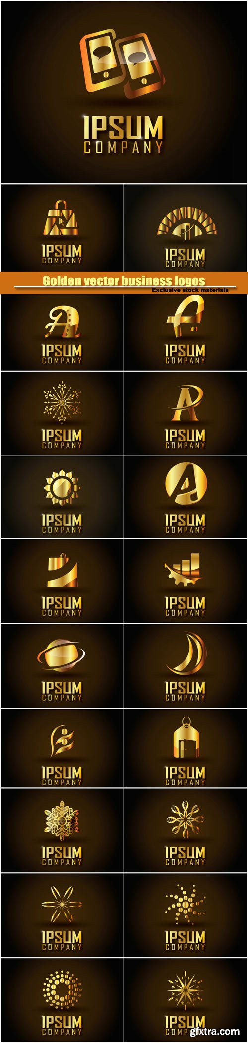 Golden vector business logos on a dark background