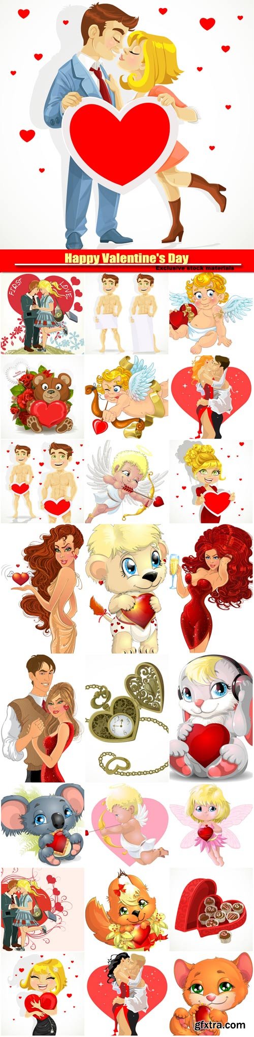 Happy Valentine\'s Day vector, couples, funny animals with hearts, cupids