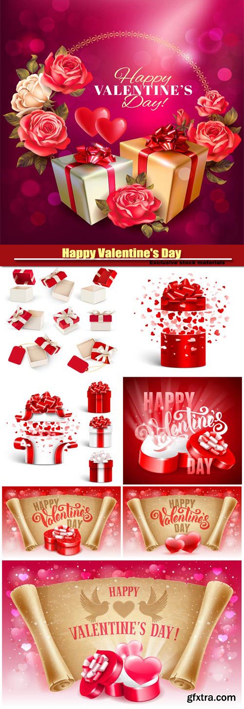 Happy Valentine\'s Day vector, gift boxes with roses and hearts