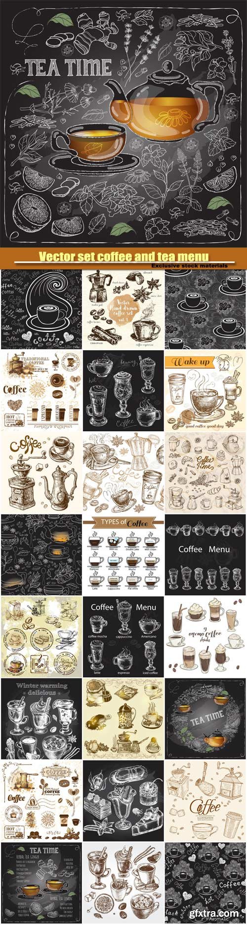 Vector hand drawn set coffee and tea menu