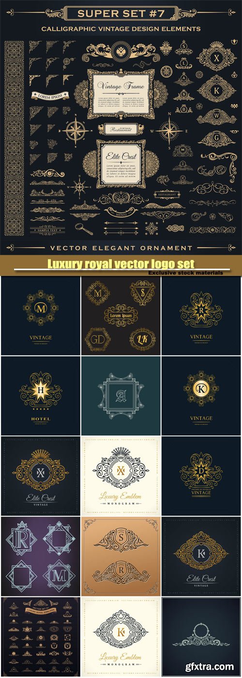 Luxury royal vector logo set, emblem, heraldic monogram, calligraphic floral sign, gold letters in frames