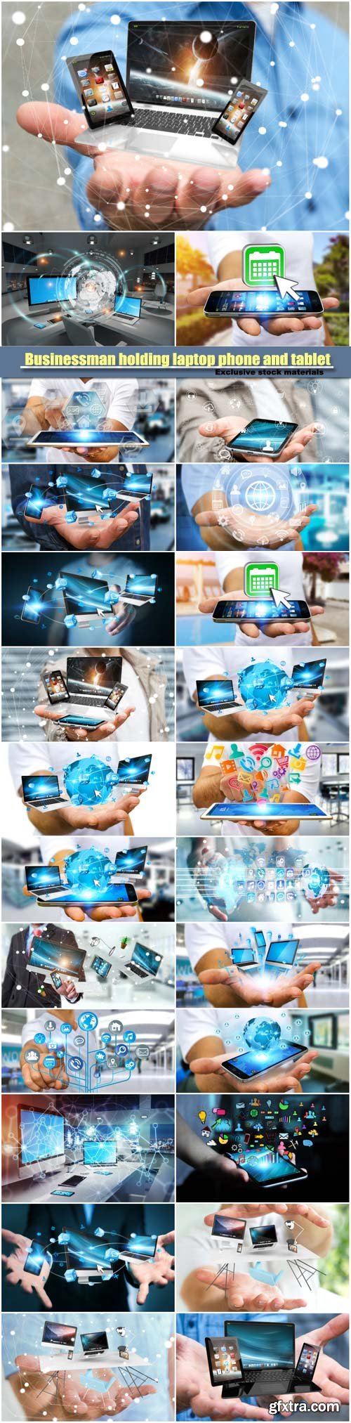 Businessman holding laptop phone and tablet in his hand 3D rendering