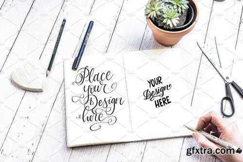 CreativeMarket 9 Sketchbook Notepad Flatlay Mockups 2223166