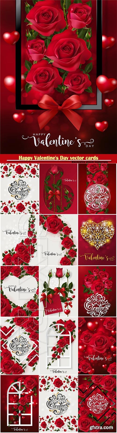 Happy Valentine\'s Day vector cards, red roses and hearts, romantic backgrounds # 4