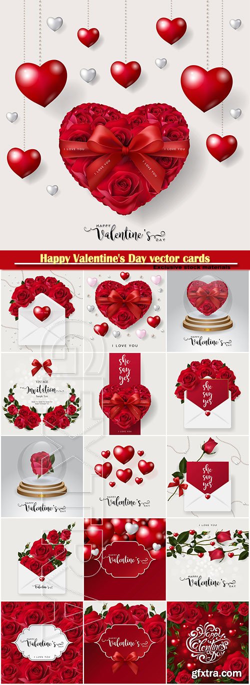 Happy Valentine\'s Day vector cards, red roses and hearts, romantic backgrounds # 5
