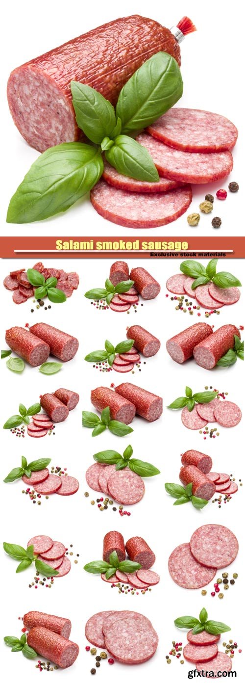 Salami smoked sausage, basil leaves and peppercorns isolated on white background