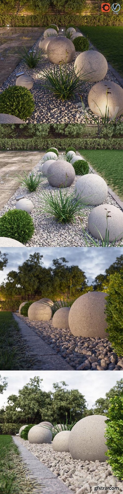 Landscape Composition of Concrete Balls of Various Shapes and Textures