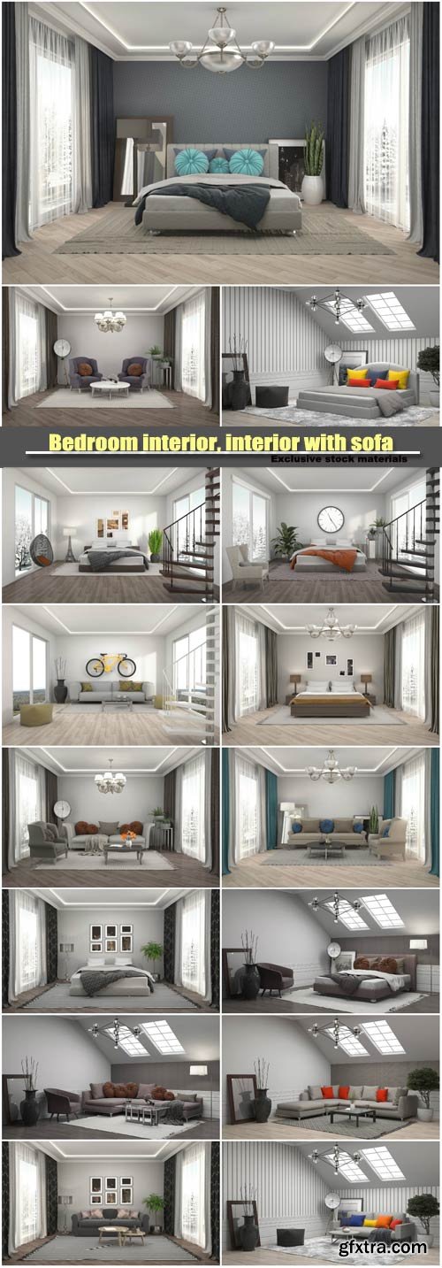 Bedroom interior, interior with sofa, 3d illustration