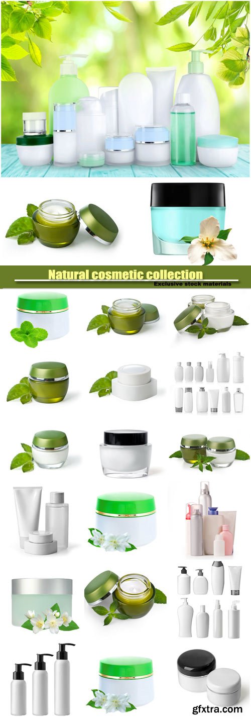 Natural cosmetic, collection of various beauty hygiene containers on white background