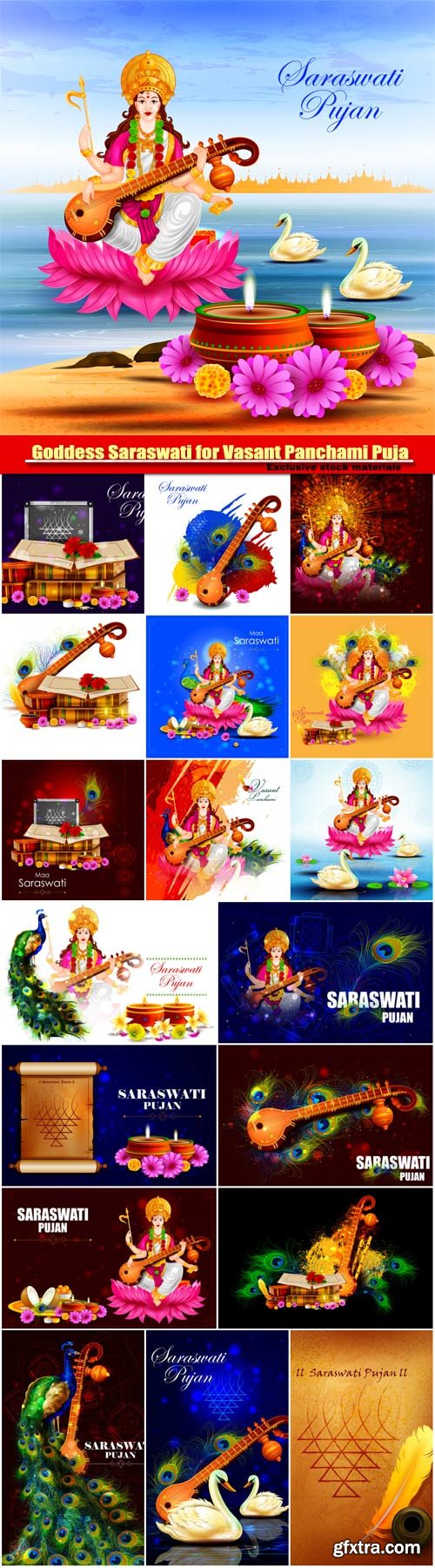 Goddess Saraswati for Vasant Panchami Puja of India, vector illustration