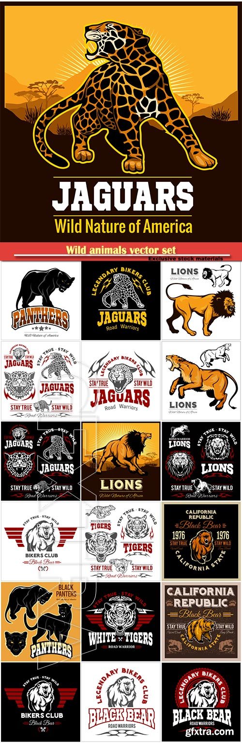 Wild animals vector set, club t-shirt vector logo, lion, tiger, leopard, panther, bear