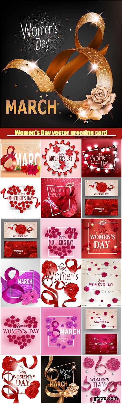 Women\'s Day vector greeting card with curly red ribbons and red flowers