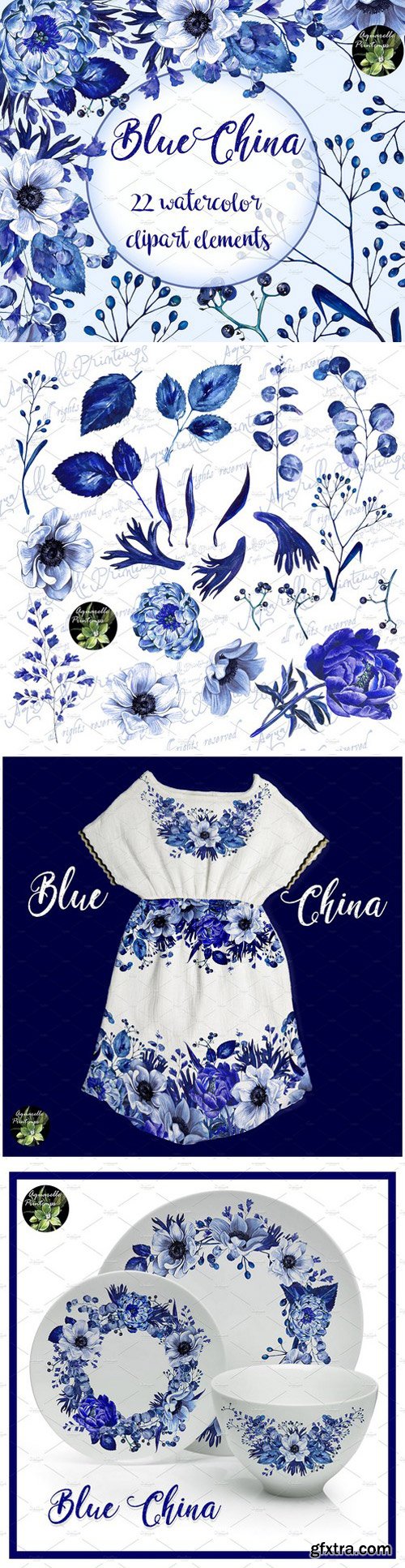 CM - Blue China set 22 watercolor clipart 2232951