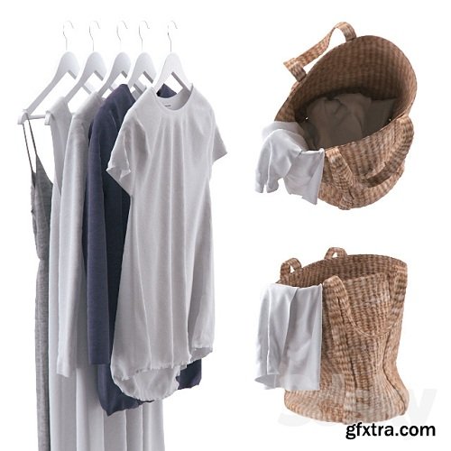 Clothes on hangers and a laundry basket with linens 3D model