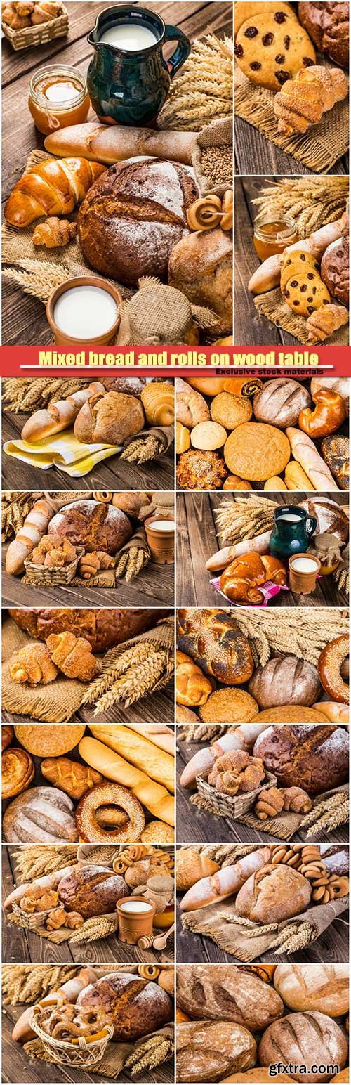 Mixed bread and rolls on wood table