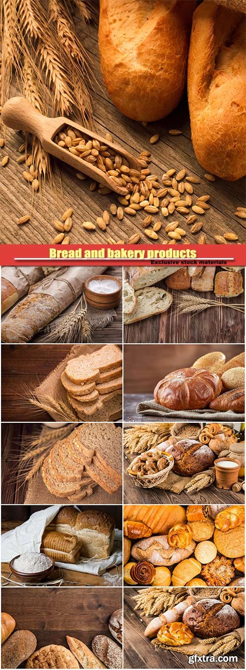 Bread and bakery products on a wooden background