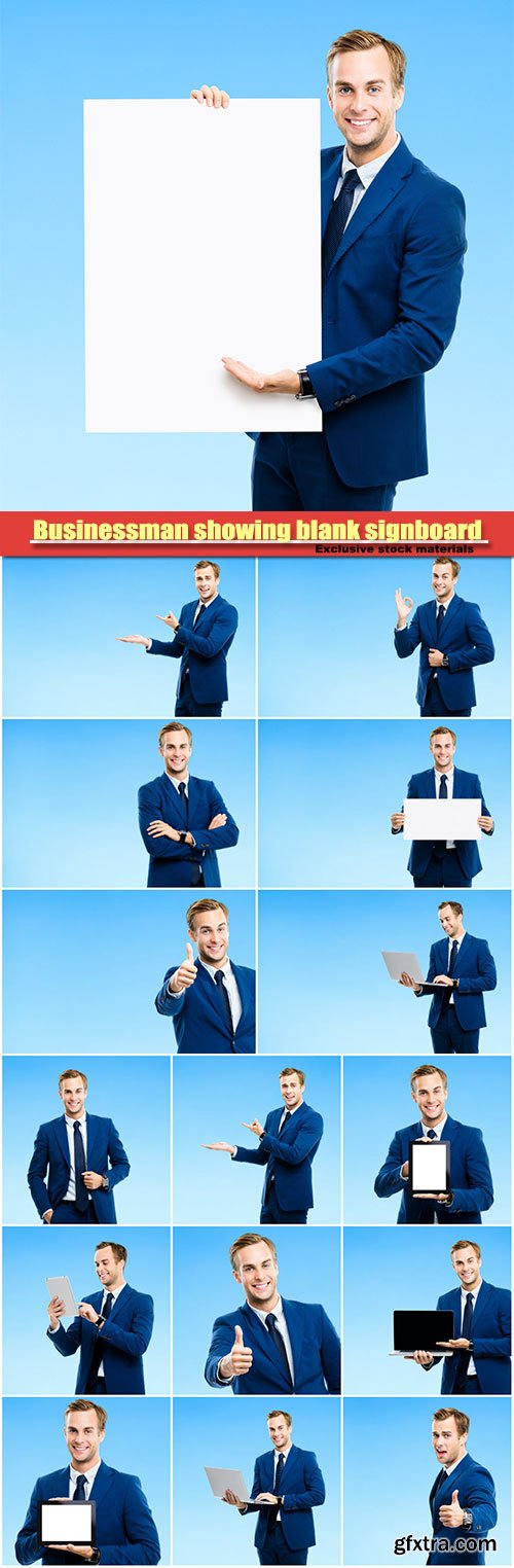 Businessman showing blank signboard, against blue background