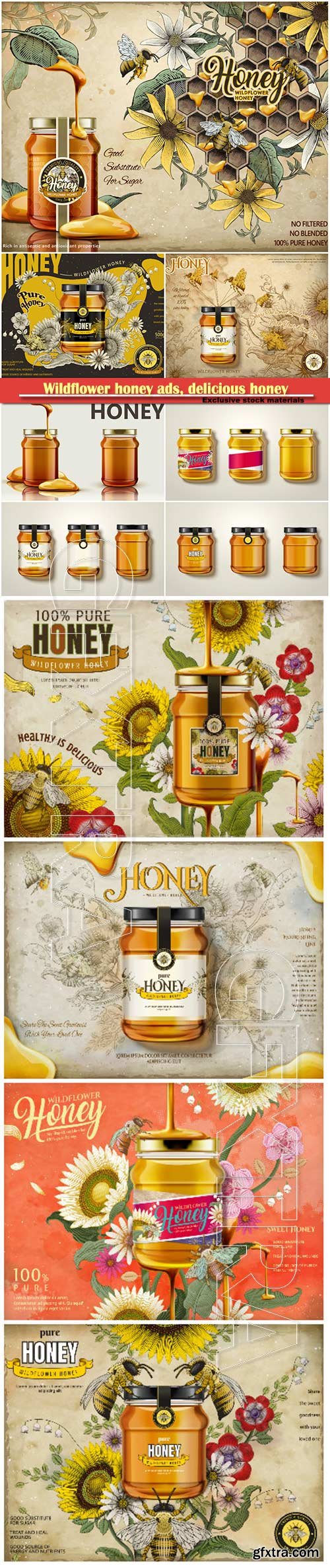 Wildflower honey ads, delicious honey dripping from top with glass jar in 3d illustration, retro flowers elements in etching shading style