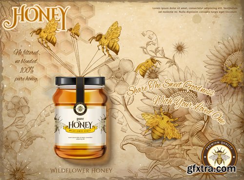 Wildflower honey ads, delicious honey dripping from top with glass jar in 3d illustration, retro flowers elements in etching shading style